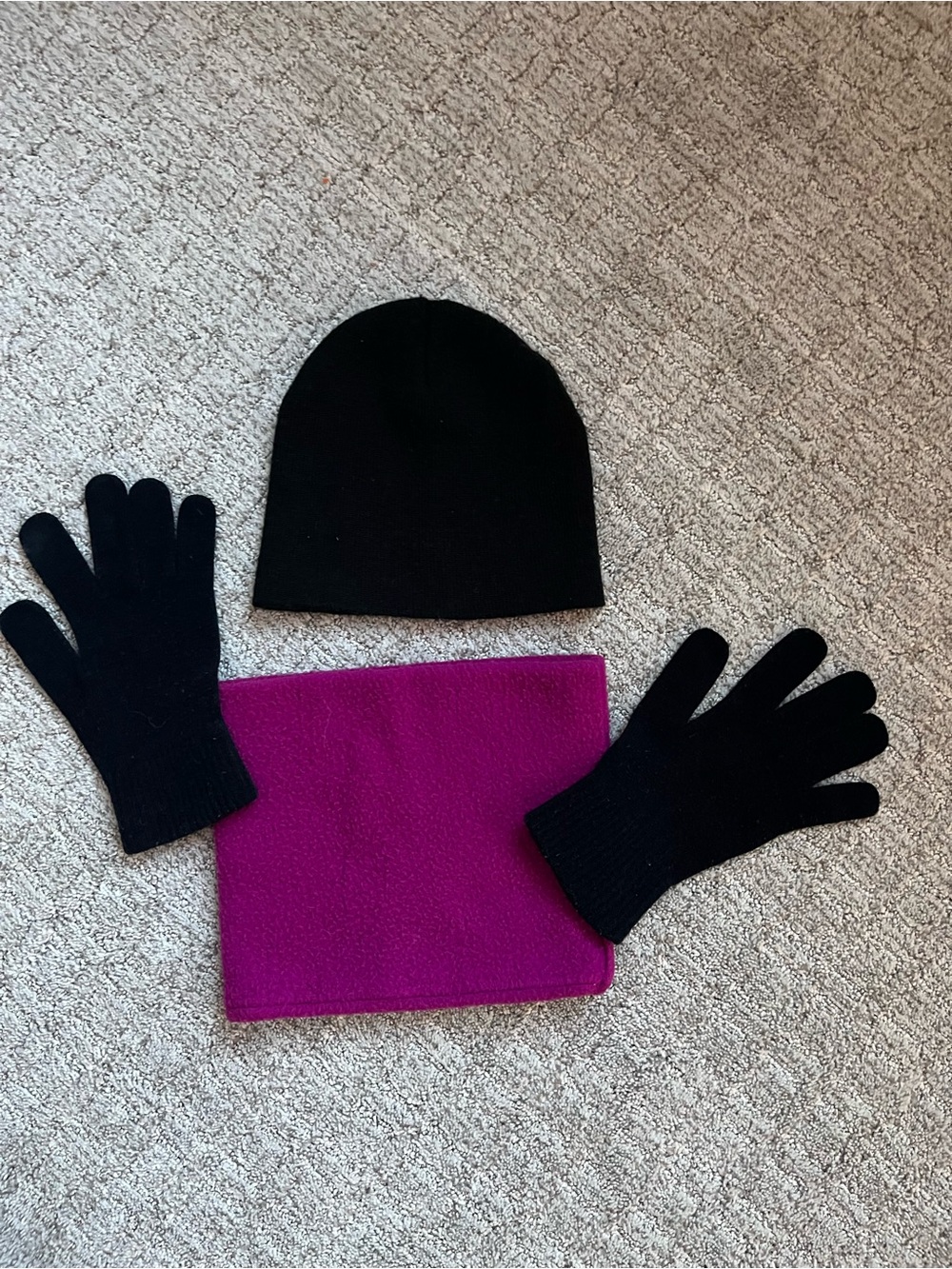 Winter Bundle! Turtle Fur Magenta Neck Warmer + Black Hat and Gloves